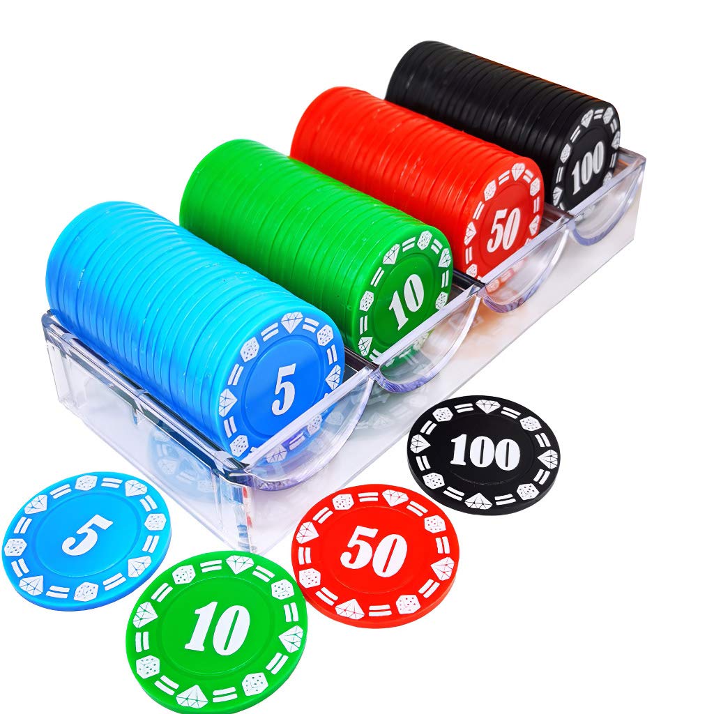 Plastic Poker Chips 100 Poker Chip Set with Storage Box,Denomination Printed Casino Style Chip for Texas Home Game Nights,Holdem Poker Nights,Blackjack or Roulette Games,Casino Parties (100 pcs)