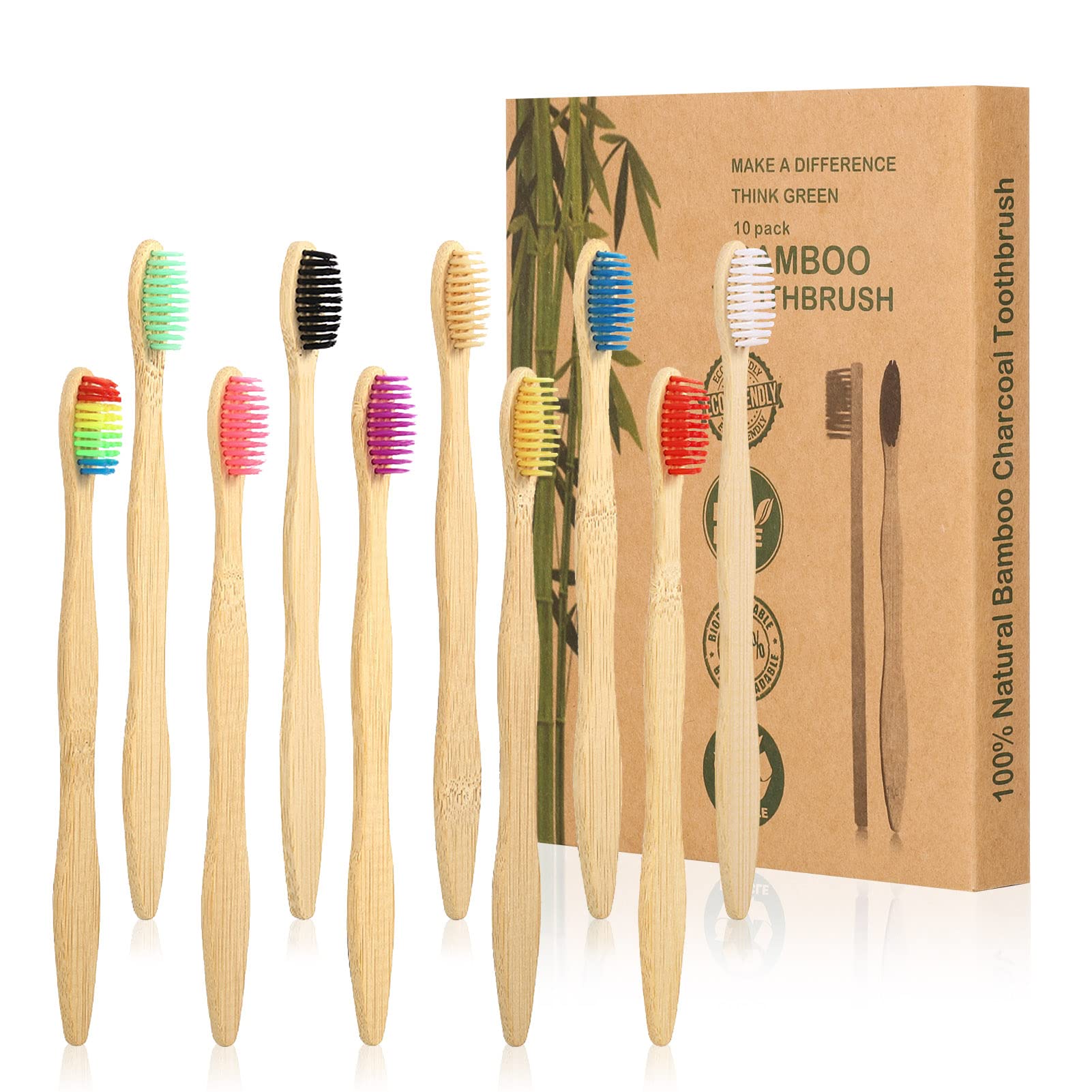 tonyg-p 10 Pack Bamboo Toothbrushes Medium Nylon Bristles Natural Biodegradable Eco-Friendly BPA Free Wooden Toothbrush Set, Assorted Colour