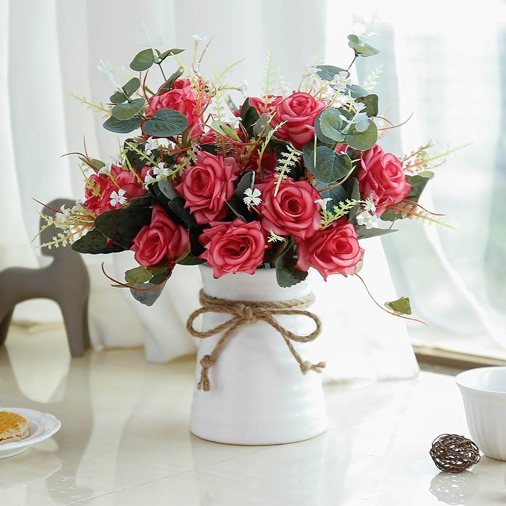 YILIYAJIA Artificial Flowers in Vase Silk Rose Flower Arrangements Fake Faux Flowers Bouquets with Ceramics Vase Table Centerpieces for Dinning Roon Table Kitchen Decoration (Champagne): Home & Kitchen