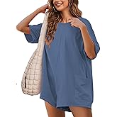 VATEAMI Women's Oversized Tee Rompers Hot Shot One Piece Short Sleeve Backless Jumpsuits V Neck Shorts Overalls with Pockets
