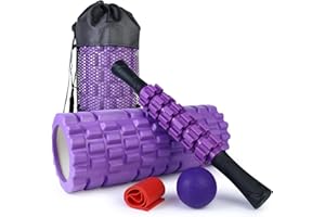 JOYENERGY 5 in 1 Foam Roller Set Trigger Point Foam Roller Patented, Massage Roller Stick, Massage Ball, Stretching Strap for Deep Muscle Massage Pilates Yoga, Fitness Exercise for Whole Body (Purple)