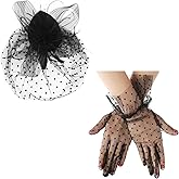 Vintage Fascinator Hat Women's Feather Mesh Face Veil Hat Tea Party Headwear with Hair Clip and Black Short Floral Lace Gloves for Women