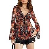 Milumia Women's Boho Paisley Mesh Peplum Top V Neck Bell Long Sleeve Western Rave Tops