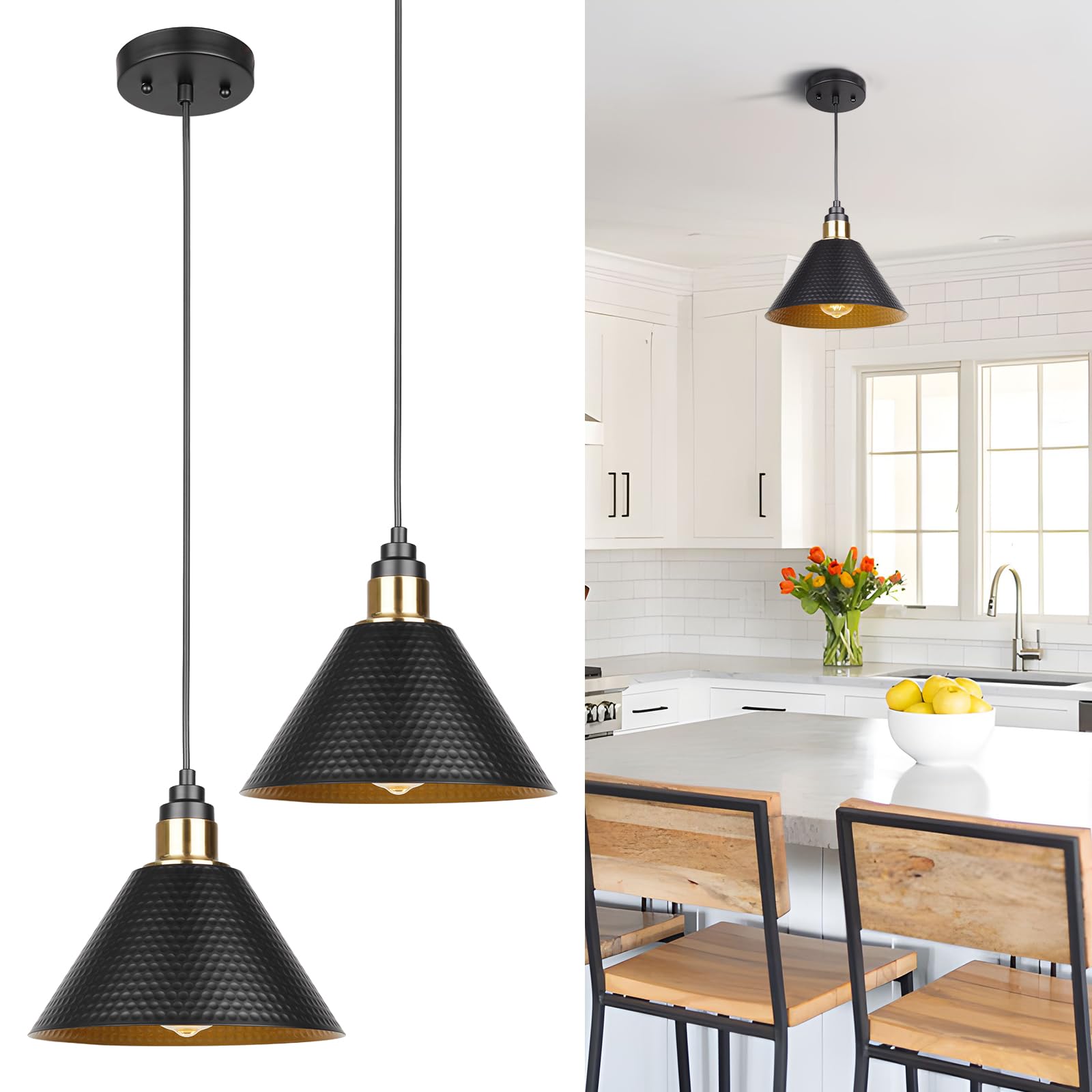 Photo 1 of ElilyGiA Black Pendant Lights Kitchen Island 9.8 Inch Cone Pendant Light Industrial Pendant Light Fixtures Adjustable Height, for Dining Room, Living Room, Office Foyer Hallway Bar Sink (2 Pack)