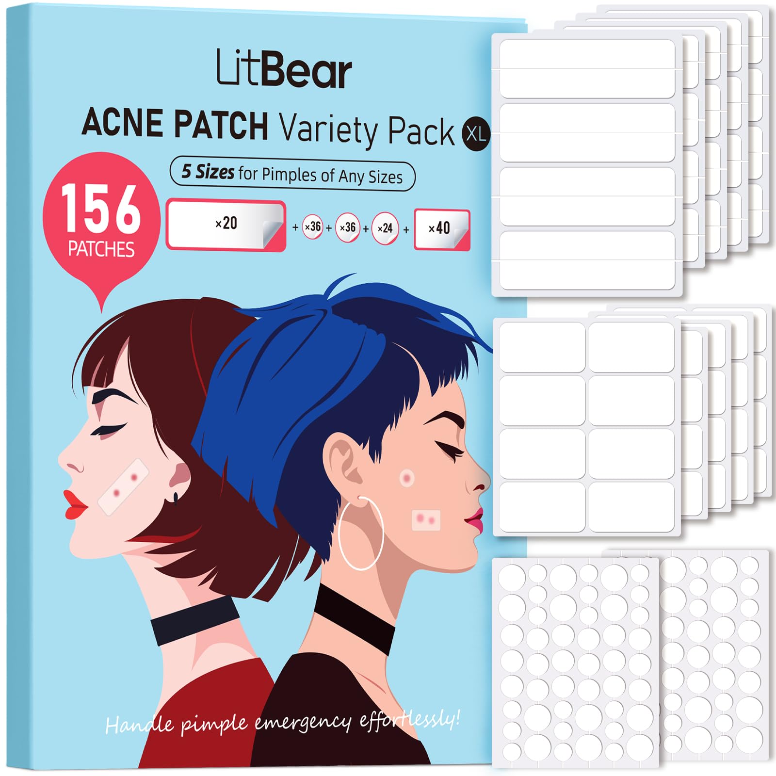 LitBear Large Pimple Patches, Acne Patches for Face, Chin, Back or Body, Hydrocolloid Patches Suitable for All Skin Types