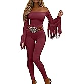 KWSTAIN Off The Shoulder Jumpsuit Fall Western Cowgirl Outfits Long Sleeve Fringe One Piece Romper For Women With Pockets