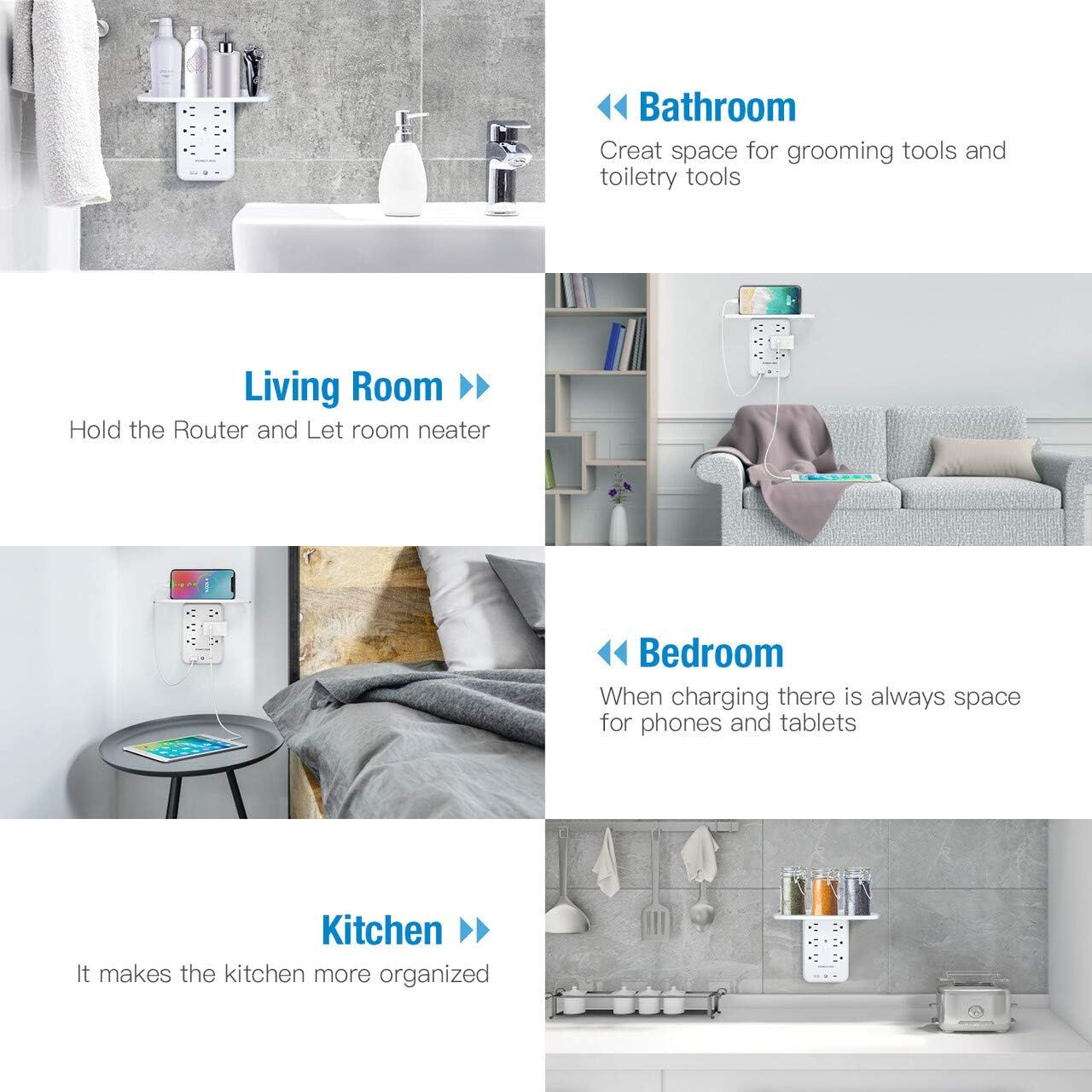 Socket Shelf Wall Outlet, POWERADD 6 Outlet Extender Surge Protector with USB C PD 18W Fast Charging Ports, Multi Plug Outlet with Removable Built-In Shelf and Smart Night Light for Bathroom/Home/Dorm: Home Audio & Theater