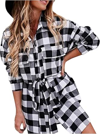 Amazon.com: Vestido de mujer, a cuadros, camisa a cuadros, blusa de manga  larga para mujer, vestido de tartán : Ropa, Zapatos y Joyería