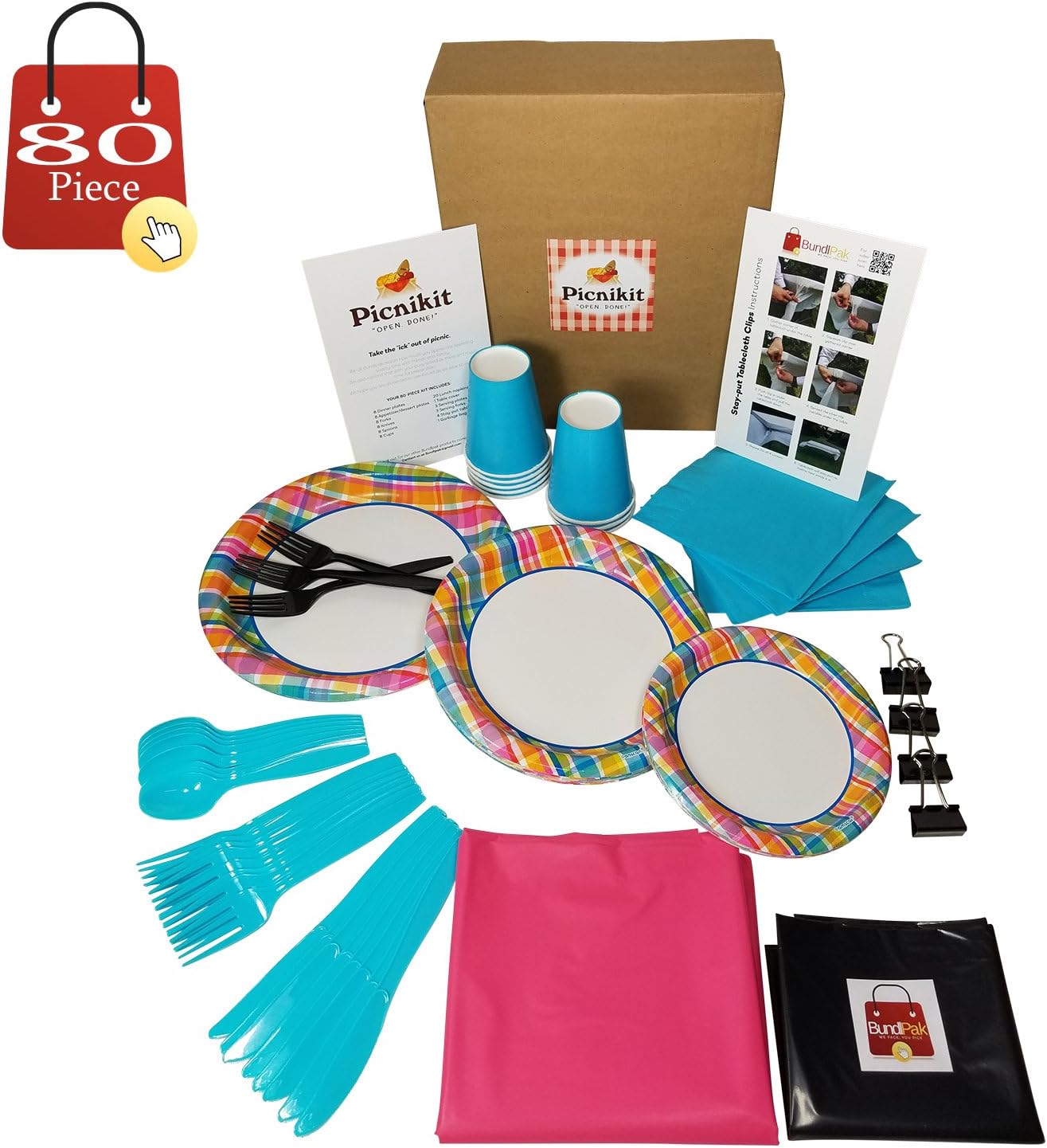 Picnic Kit Serves 8 (Plaid Pink) All You Need For Hassle