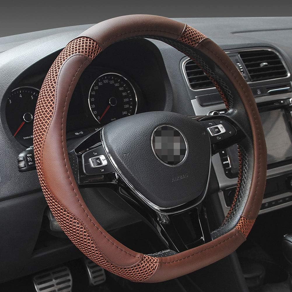 LONG Car Steering Wheel Cover, Summer Breathable 3D Mesh Car Flat D-Type Steering Wheel Cover, Durable, Thick, Non-Slip, Suitable for 38 cm / 15 Inch Medium,Brown
