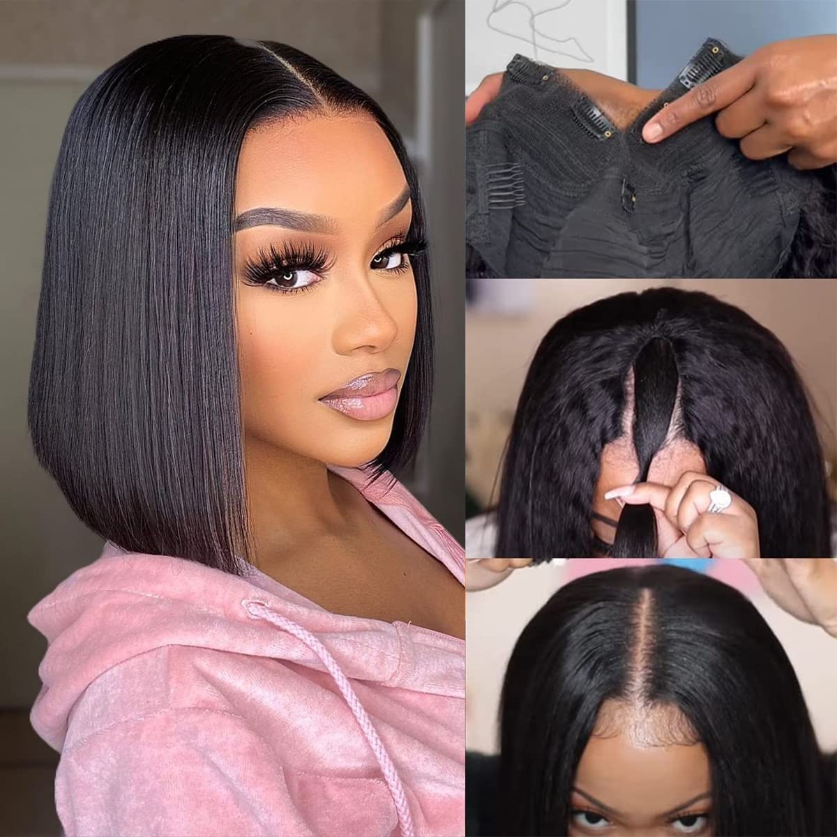 Straight V Part Wigs Human Hair Short Bob Wigs for Women V Part Human Hair Wig Upgrade U Part Wig No Leave Out Glueless Human Hair Wig No Sew in No Lace Beginner Friendly 150% Density 10Inch