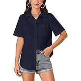 KIFOVEN Women’s Short Sleeve Button Down Shirt Collared Cotton Casual Summer Blouse Top with Pocket Navy Blue Large