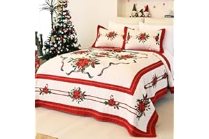 EVENHUG King Size Quilt Christmas Theme Bedding Set with Pillow Shams Reversible Red Floral Bedspread Coverlet Lightweight Christmas Holiday Bed Cover for Bedroom Home Decoration (106"x96")
