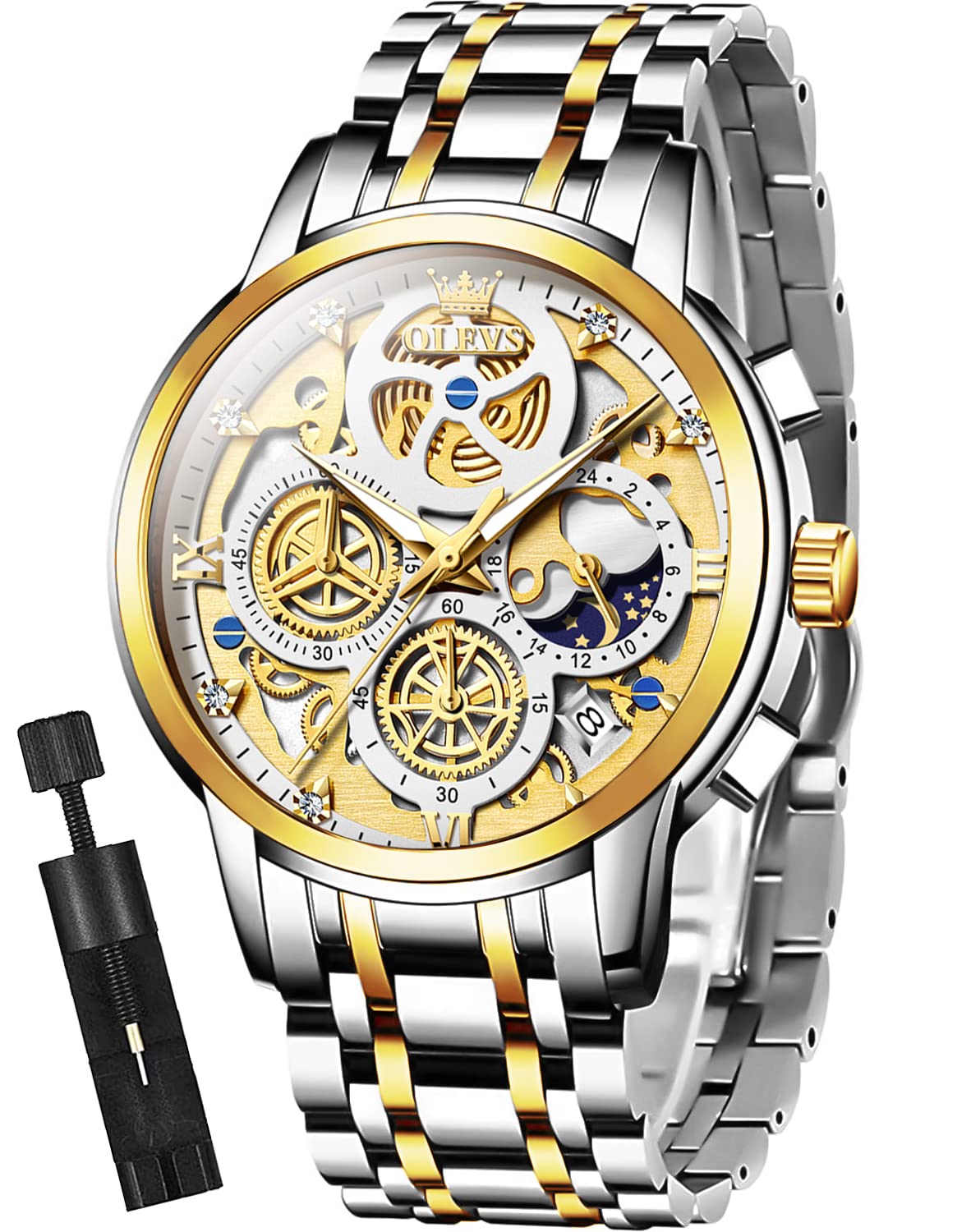 OLEVS Mens Watch Chronograph Luxury Diamond Dress Business Analog Quartz Wrist Watches Stainless Steel Waterproof Luminous