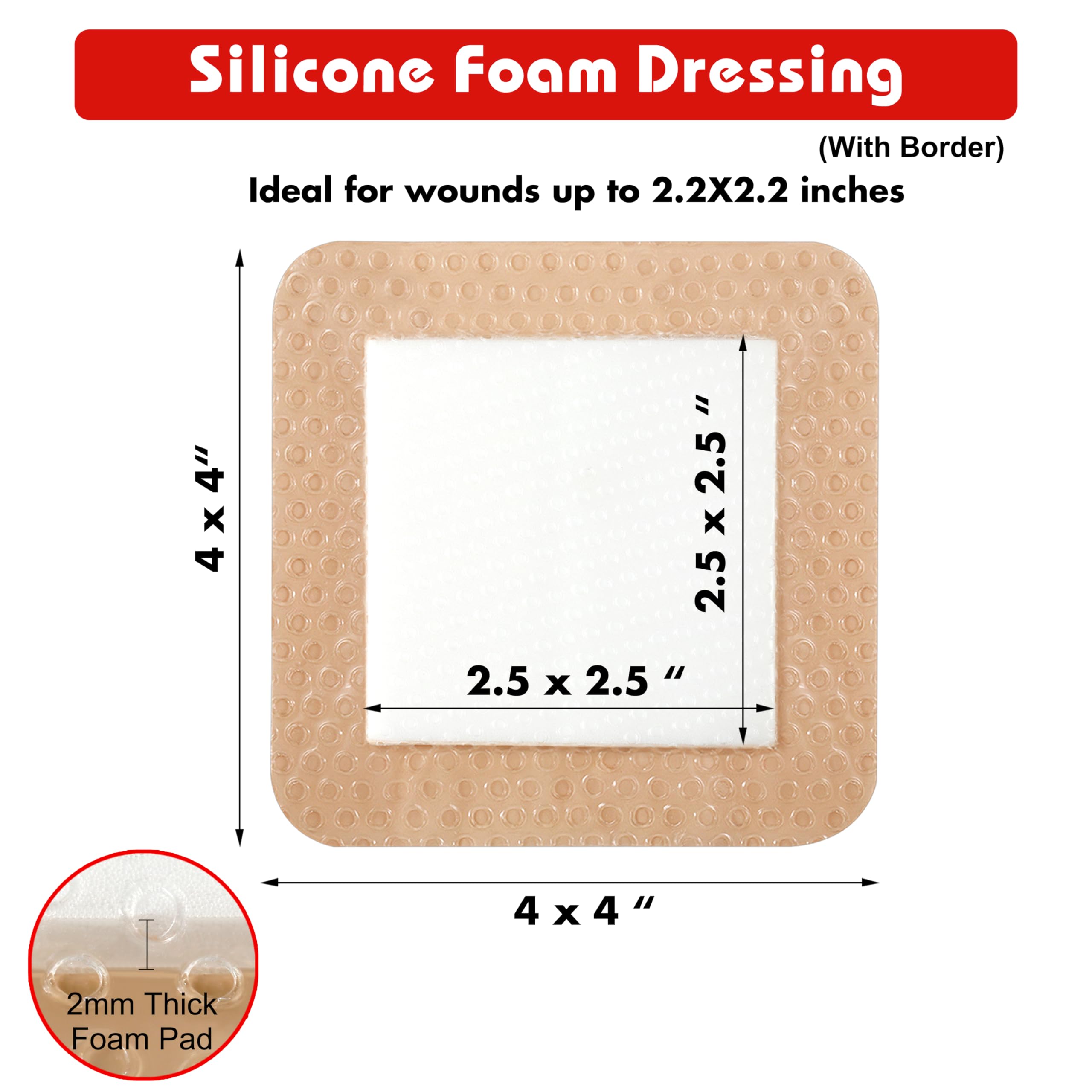 FRESINIDER Silicone Foam Dressing with Adhesive Border – Wound Dressing Bandage – Silicone Foam Pad – Pack of 10 – 4 x 4 Inches Large Waterproof Bandages – Self Adhesive Wound Care and Dressings
