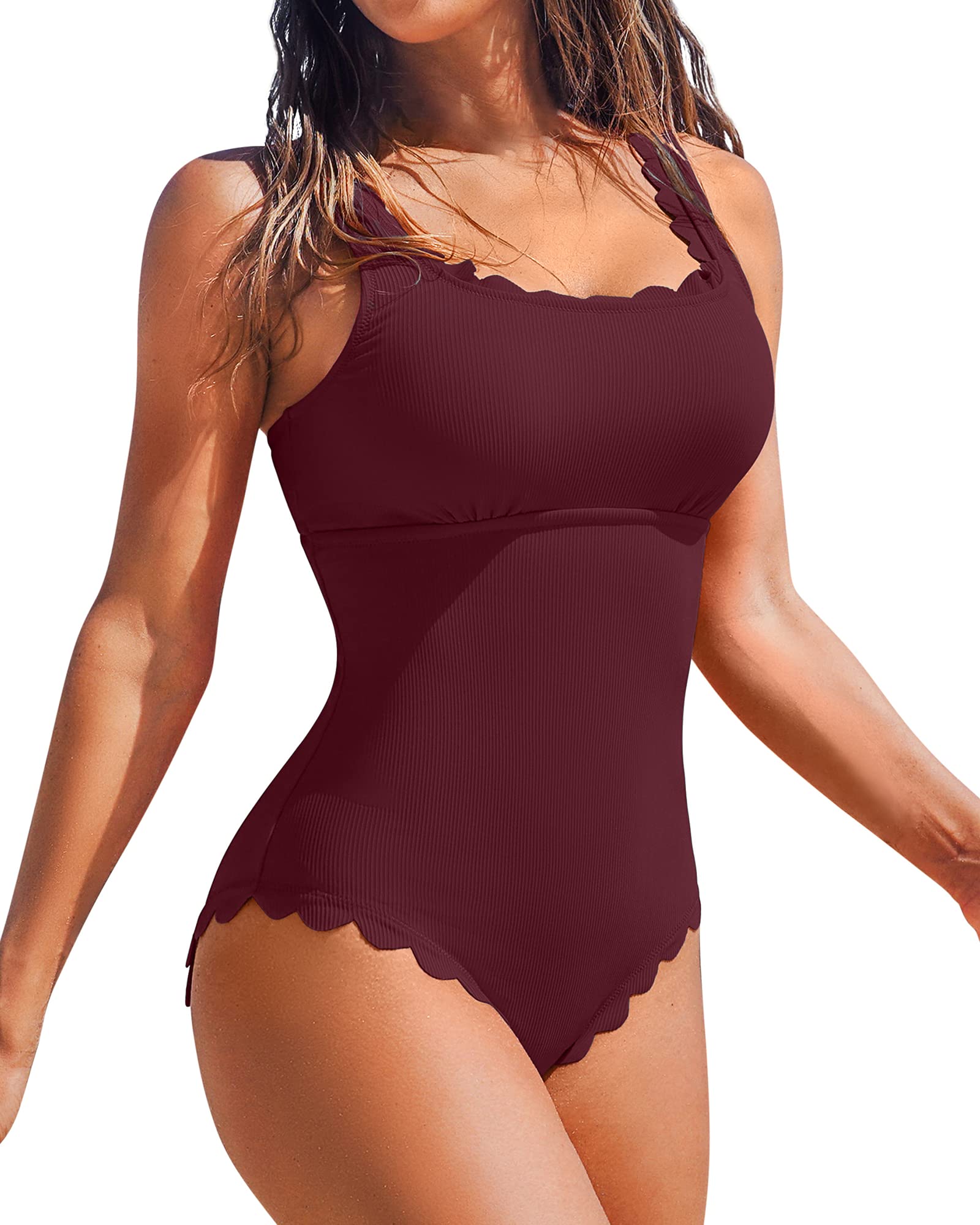 Photo 1 of Charmo Scalloped Ribbed 1 Piece Bathing Suits Womens Square Neck Modest Retro One Piece Swimsuit Burgundy L