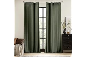 MIULEE Olive Green Pinch Pleated 100% Blackout Linen Curtains for Bedroom, Room Darkening Memory Trained Dark Green Window Curtains 84 inches Long for Living Room, Black Out Pleat Drapes, 2 Panels