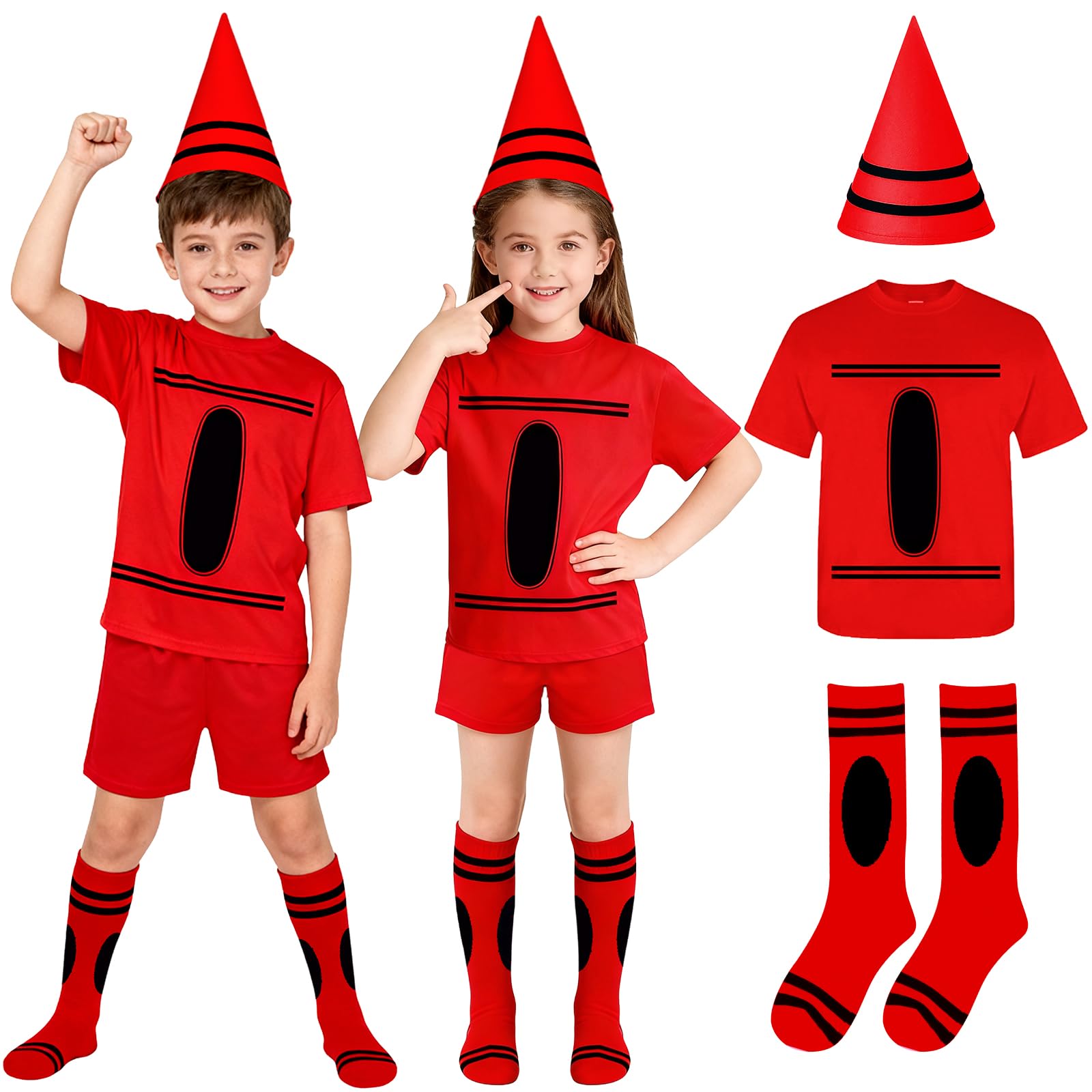 Ainvliya Crayon Costume Kids Set, World Book Day 2026 Full Costume Kids, Carnival Fancy Dress Including T-Shirt Cone Hat Socks Group Costumes Outfit Party for Girls Boys