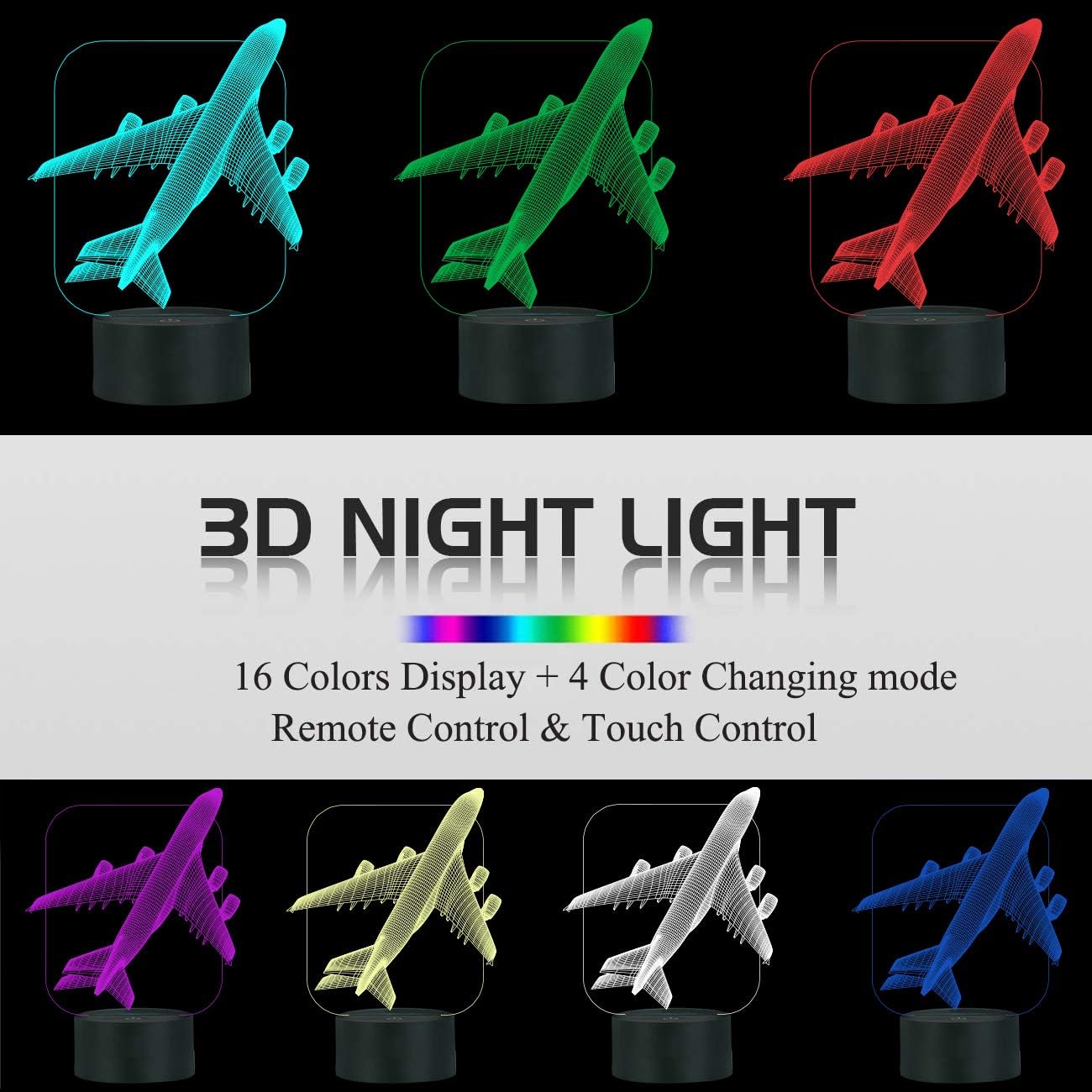 Aircraft Airplane 3D Night Light Kids Bedside Lamp 16 Colors Changing with Remote Control Xmas Halloween Birthday Gift for Child Baby Boy Girl - Image 3