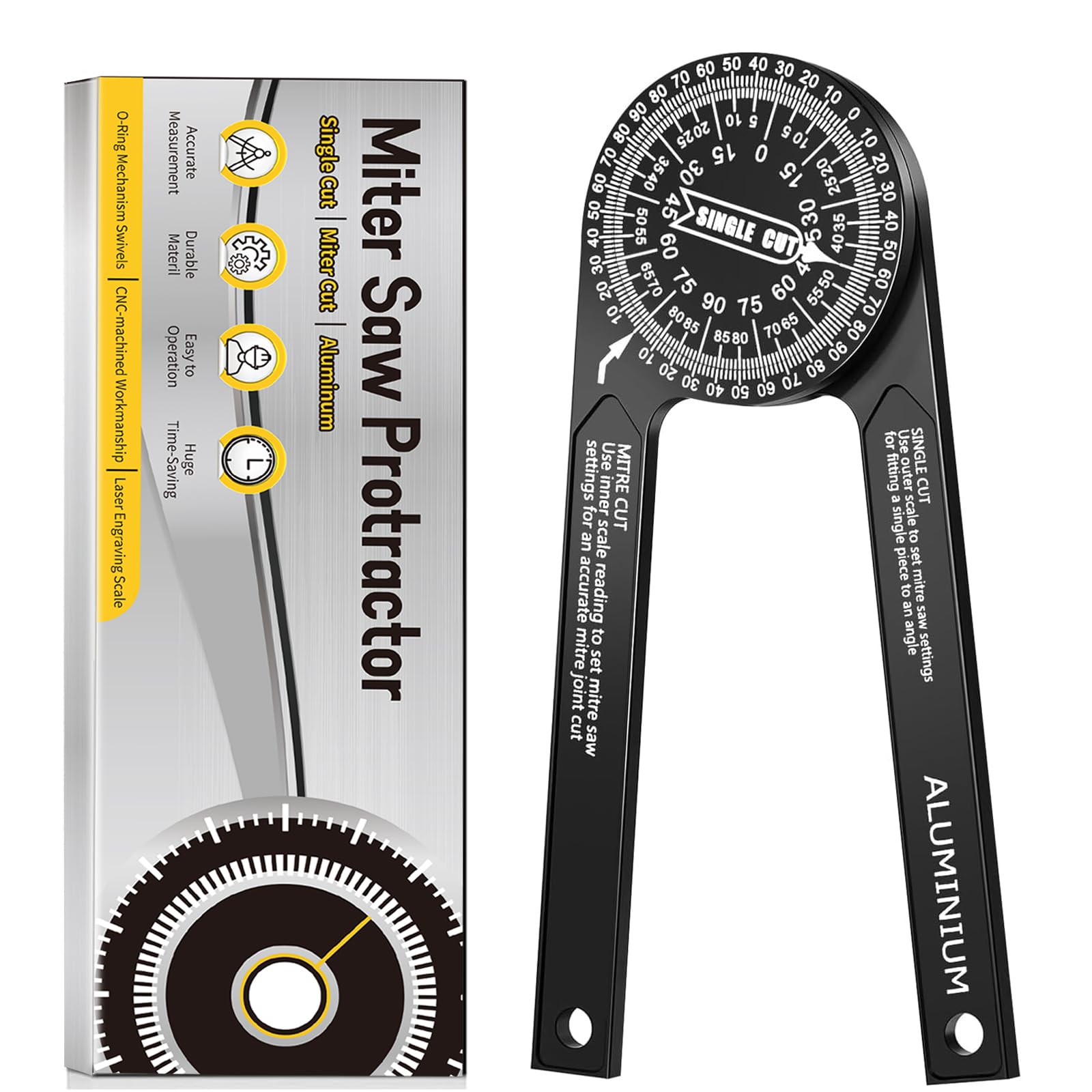 Miter Saw Protractor Angle Finder Tool, 7 Inch Aluminum Metal Professional Mitre Protractor, Miter Gauge for Inside Outside Corner, Skirting Woodworking, Crown Molding, Carpenter, Plumber