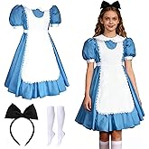 IMISHM Halloween Cosplay Costume Halloween costume for Girl Blue Dress White Apron With Bow HeadBand Stockings
