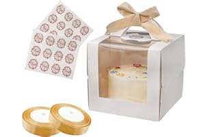Savveffort 24 Set 6x6x6 Inches Cake Boxes with Cake Boards-（24 Boxes with Handles & 24 Borads & 140ft Silk Ribbon and 24Pcs S