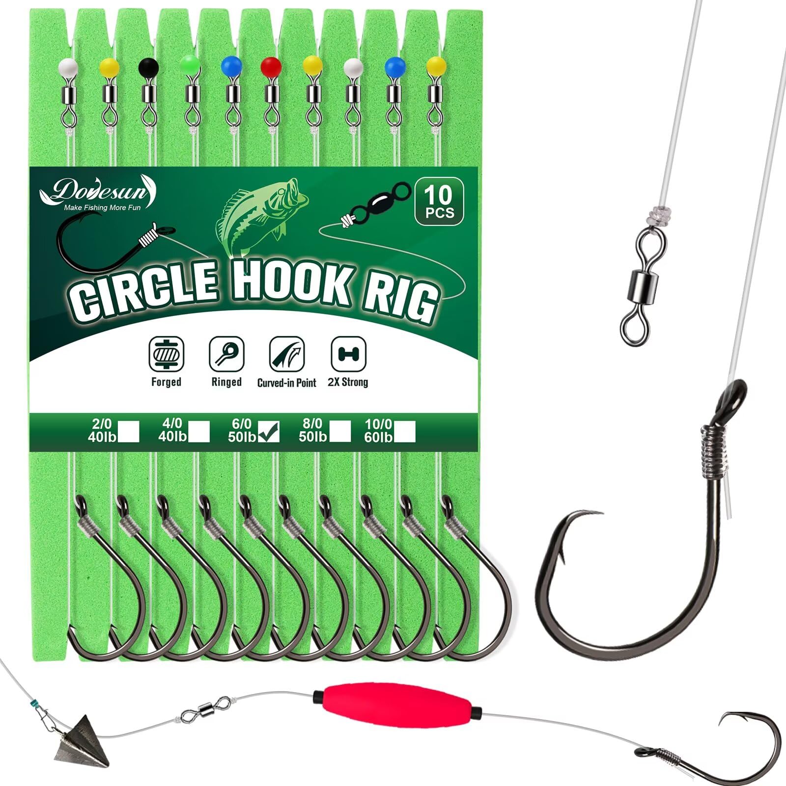Dovesun 10PCS Circle Hooks Rigs Pre-rigged Catfish Rig Fishing Hooks for Saltwater Freshwater Circle Hooks Catfish Hooks 6/0