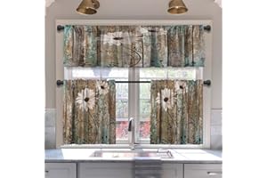 MCALK Floral Blackout Kitchen Curtains Tiers and Valances Set 3 Piece for Windows Butterfly Kitchen Window Curtains Set,Farmhouse Wooden Texture Valances for Living Room(36" Tiers Set)