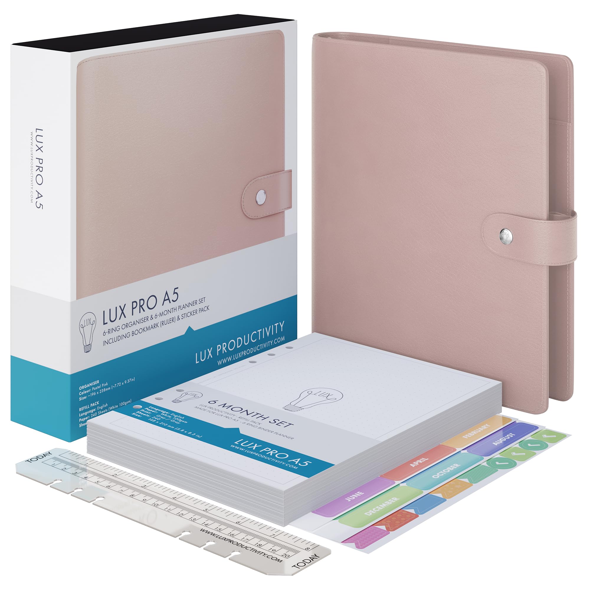 LUX PRO A5 - Daily Planner & appointment diary - Gratitude journal, wellness journal & UNDATED weekly planners and organisers - Desk journals for women & men - LUX Productivity (Pink - Pastel)
