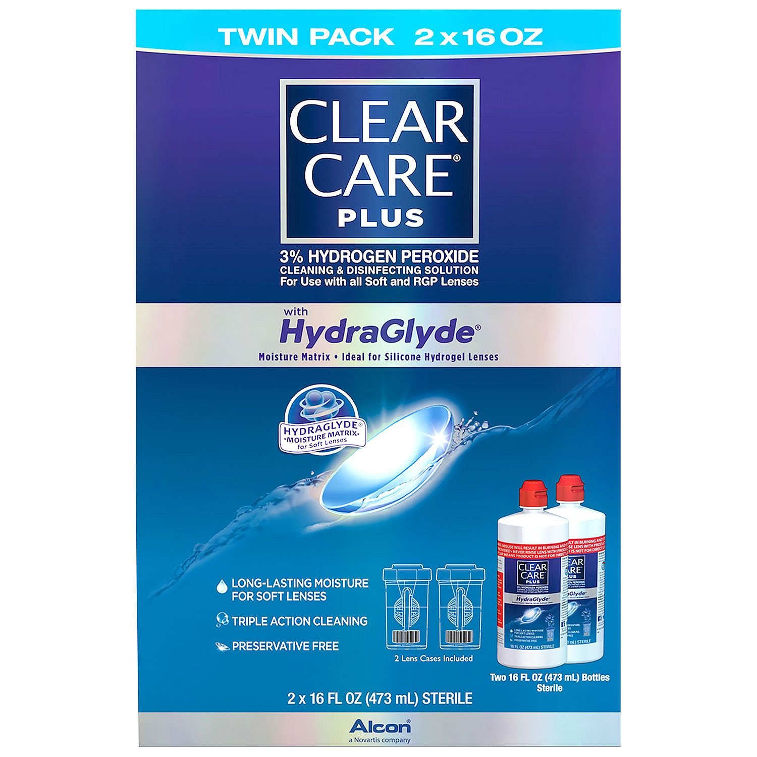 Photo 1 of Clear Care Plus with Hydraglyde Cleaning & Disinfecting Solution Twin Pack with 2 Lens Cases Included 16 oz