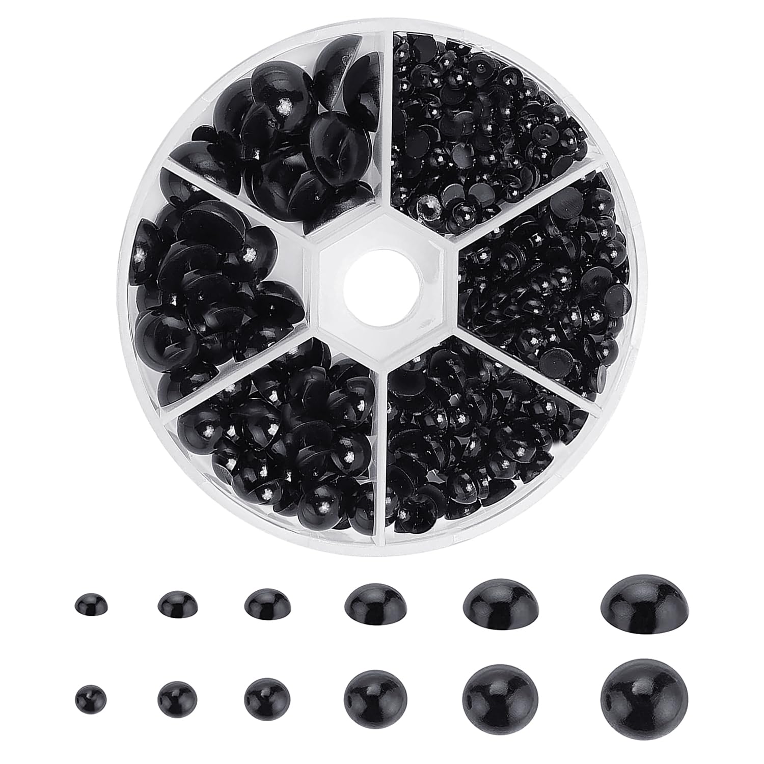 605pcs Black Flat Back Beads Half Round Beads Doll Eye Accessories for DIY Decoration Scrapbook, Phone Case, Face, Nail Art and Crafts (4/5/6/8/10/12mm)