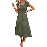 MEROKEETY Women's Summer 2026 Casual Midi Dress Flutter Sleeve V Neck Smocked Tiered Beach Vacation Dresses