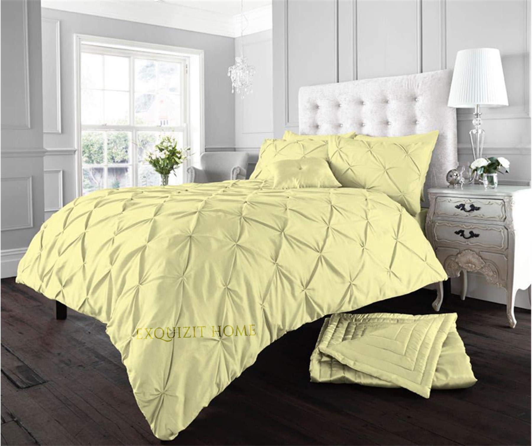 EXQUIZIT HOME Duvet Quilt Cover Pin Tuck Pinch Pleat Alexander Alford Reversible Diamond Bedding Set With Matching Pillowcase Lemon Superking 260cm x 220cm Approximate