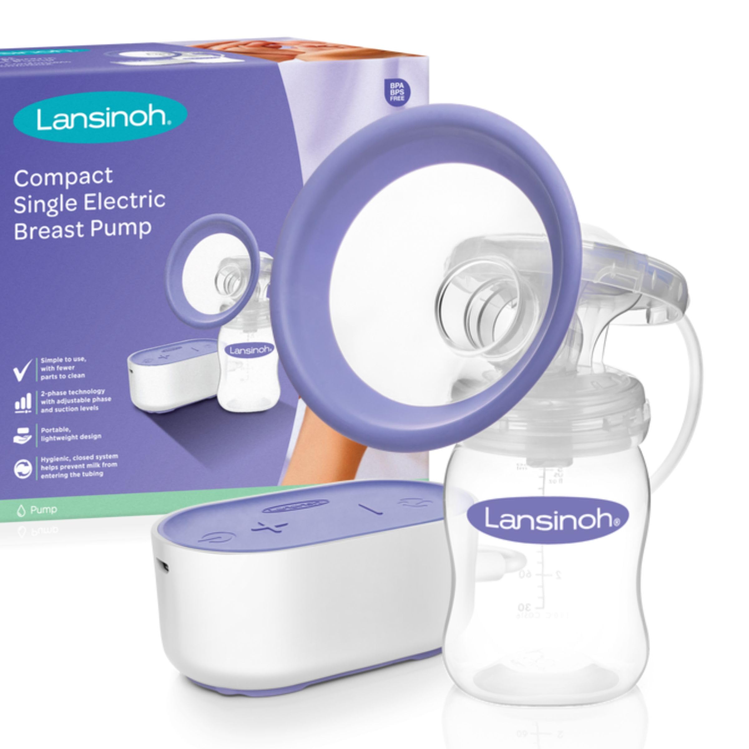 Lansinoh Breast Pump Compact Single Electric Breast Pump Breastfeeding Milk Breastpump, ComfortFit Breast Cushion, Let-Down & Expression Pumping Modes, Mains or Micro-USB Operated, Portable