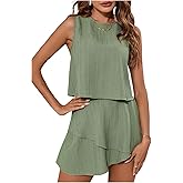 SweatyRocks Women's 2 Piece Vacation Outfits Sleeveless Shirts and Ruffle Layered Shorts Set