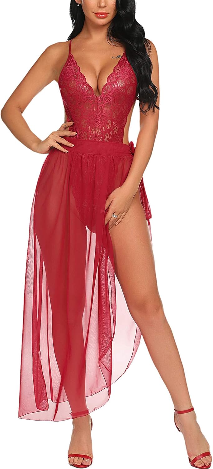 Avidlove Women One Piece Lingerie Deep V Lace Bodysuit Mosaic Lace Teddy Mesh Skirt at  Women’s Clothing store
