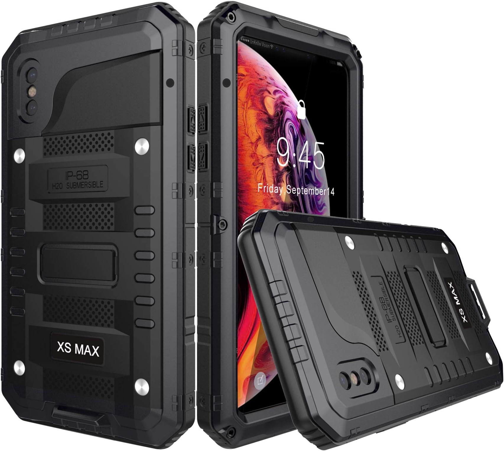 Compatible iPhone Xs Max Case Apple 10xs xmaxs Waterproof Protective Case with Built in Screen Protector Heavy Duty Full Body Armor Hard Protection Cover Stand Military Grade Underwater Defender Black