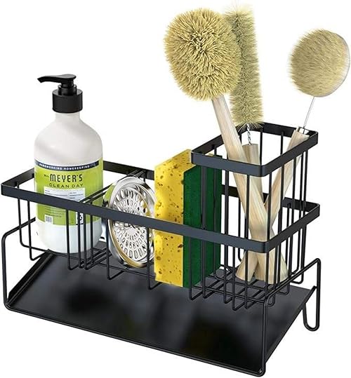 LSLCQW Black Sponge Holder for Kitchen Sink, Sink Caddy Organizer with High Brush Holder, Kitchen Countertop Organizers and Storage Essentials, Rustproof 304 Stainless Steel, Soap Dispenser
