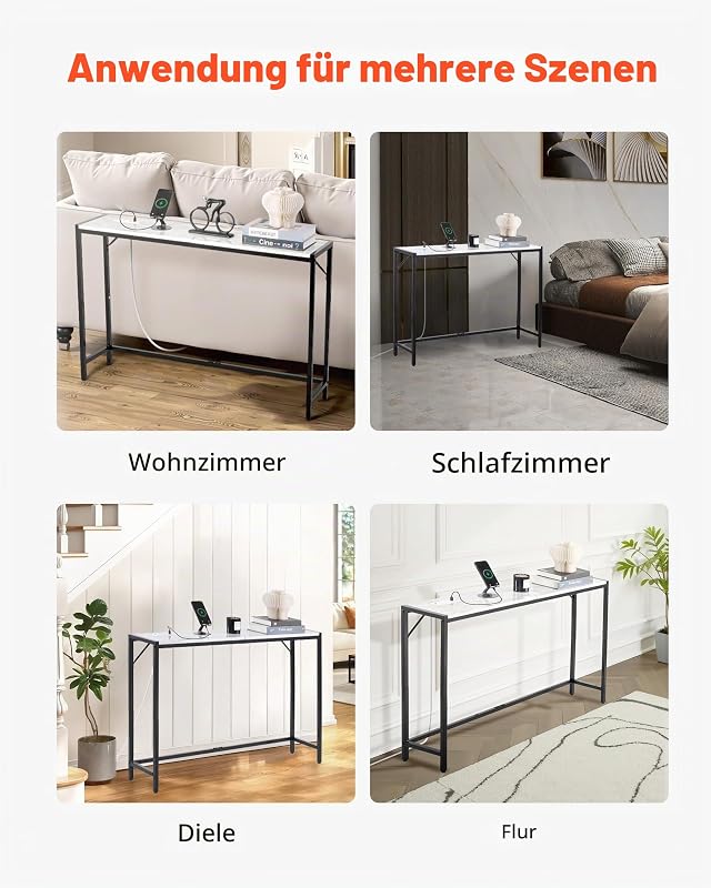 Konsolentisch aus Marmor, moderner Langer Flurtisch (110 cm) mit Steckdose, dünner Sofa-Beistelltisch mit Eisenrohren, Kippschutz & dreieckiger Stütze für Wohnzimmer Flur Eingangsbereich