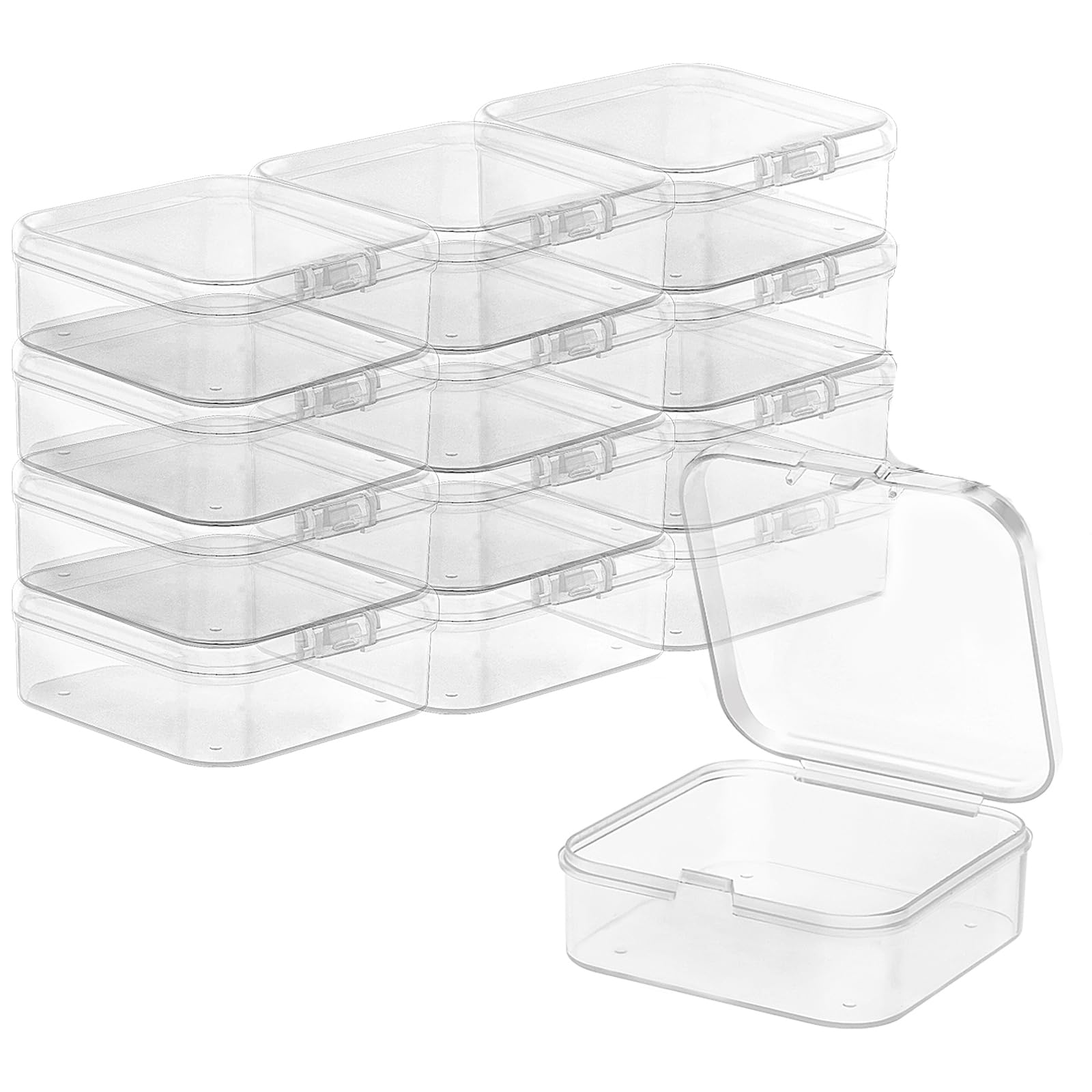 TRUEIN 12 Small Plastic Boxes with Lids, Mini Clear Bead Storage Containers, Square Box Case with Hinged Lid, 2.36 X 2.36 X 0.79 Inch, Box Case Organizers for Pills, Beads, Jewellery, Craft Items