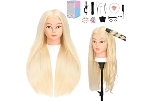 Mannequin Head with 70% Human Hair, Yofuly 26" Gold Real Human Hair Training Head, Cosmetology Doll Head with Clamp Holder & Tools, Practice Doll Head for Hair Styling, Braiding, Curling and Cutting