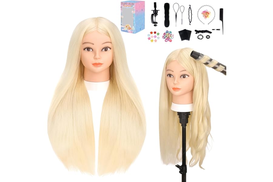 Mannequin Head with 70% Human Hair, Yofuly 26″ Gold Real Human Hair Training Head, Cosmetology Doll Head with Clamp Holder & Tools, Practice Doll Head for Hair Styling, Braiding, Curling and Cutting