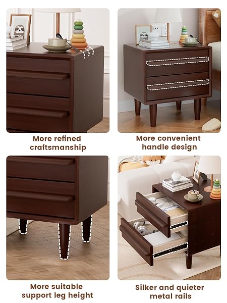 SOLID OAK WOOD NIGHTSTAND, MID-CENTURY MODERN BEDSIDE TABLE WITH 2 DRAWERS, CURVED PROFILE END TABLE WITH STORAGE & SOLID WOOD FEET FOR BEDROOM, EASY ASSEMBLY, DARK WALNUT COLOR (15.7″DX17.7″WX21.6″H
