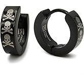 Pair Stainless Steel Crossed Bone Skulls Black Hoop Huggie Earrings