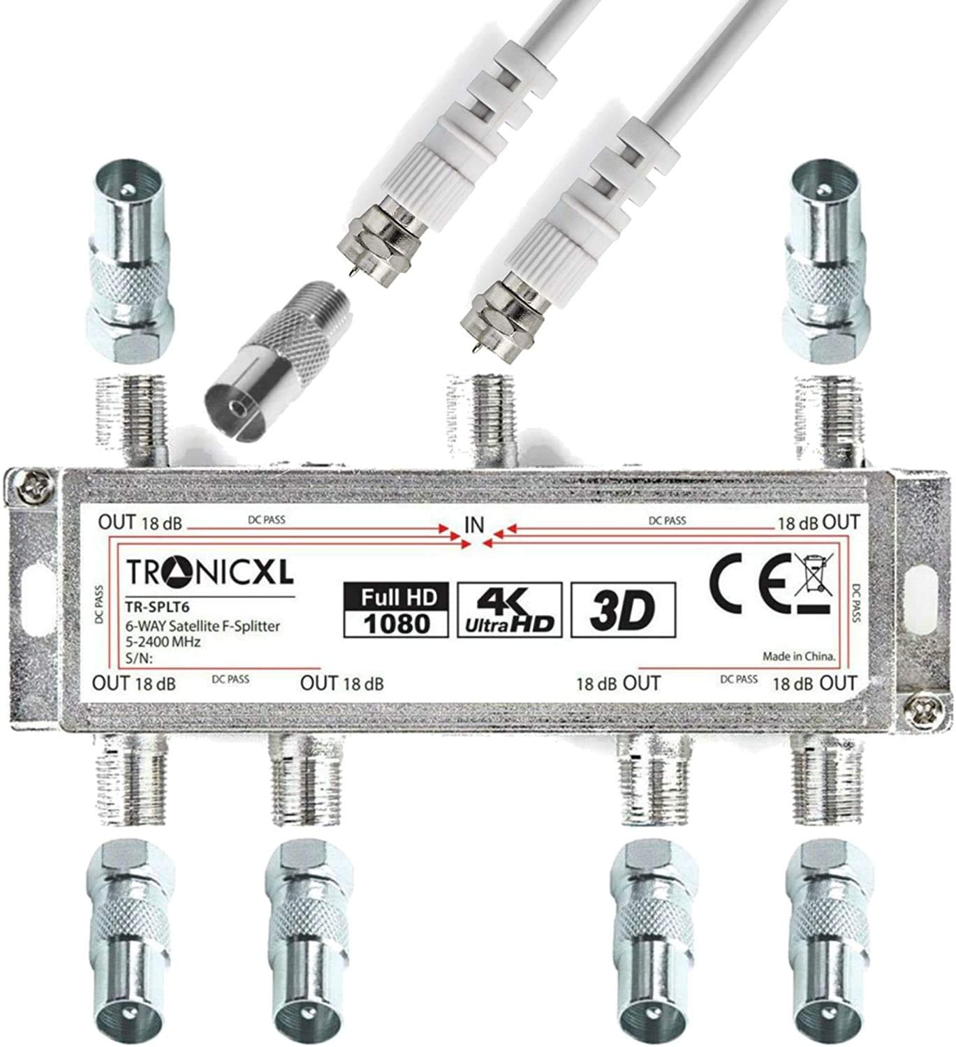 TronicXL 6 Way Splitter TV Broadband 3D 4K HD SAT Distributor Cable Adaptor For Virgin Media Aerial Freeview Freesat Sky Telewest Eurovox Starview Dreambox Satellites coax coaxial Box Television CATV