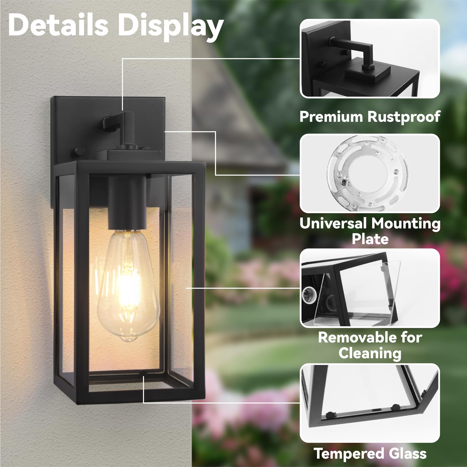 imizdlum 2-Pack Outdoor Wall Light Fixture with Tempered Glass, Exterior Wall Lantern with Easy-to-Clean Design, Waterproof Anti-Rust Wall Sconce for Front Porch, Black, E26 Base