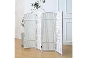 Furnnylane 4 Panel Rattan Divider Short Room Partition Screen,Double Sided Folding Divider for Room Separation,White,47.2" H x 63" W