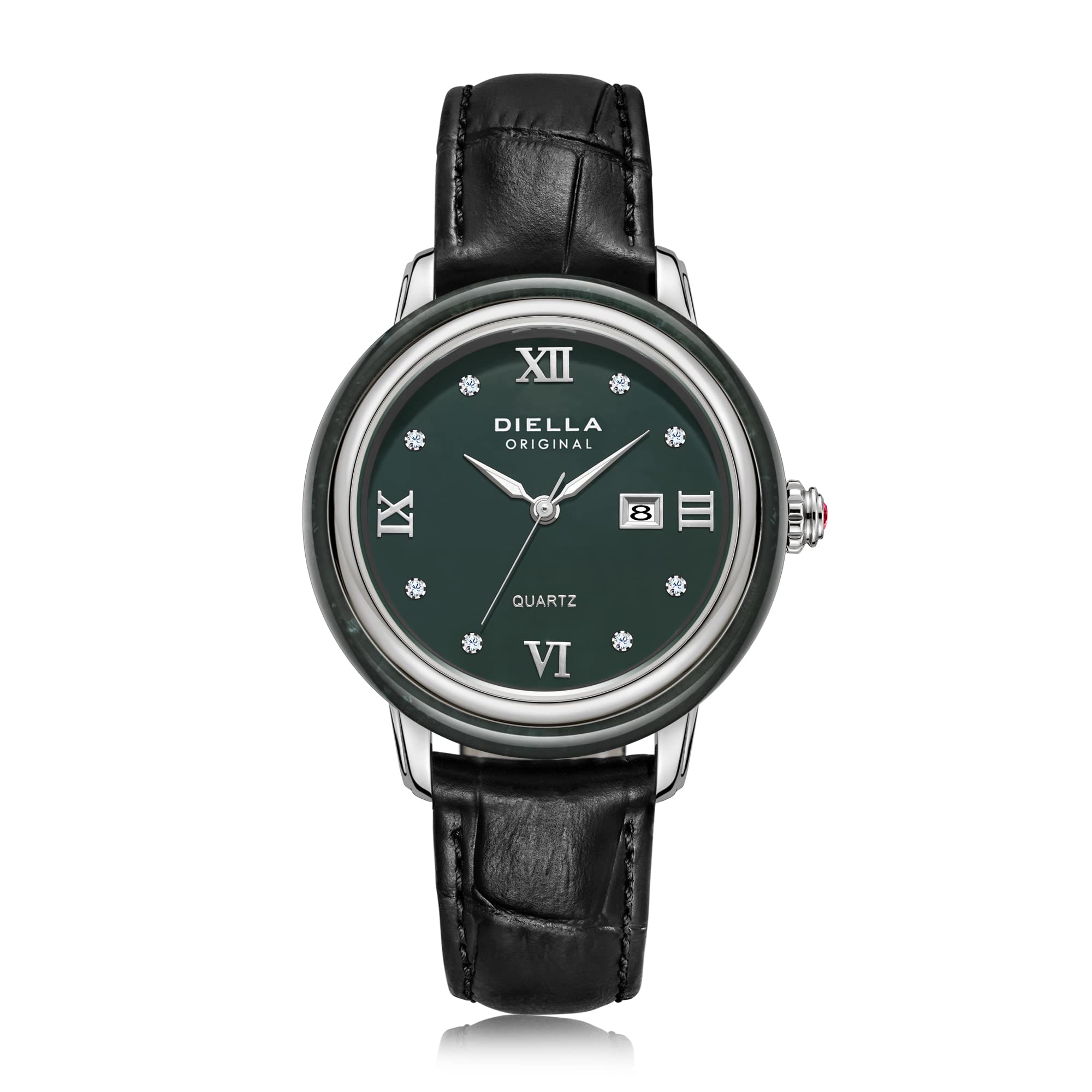 Diella Watches for Women Jade Inlay and Rhinestones Inlaid on The Plate Crown with Ruby Leather Strap, 5ATM Waterproof, Date Luminous for Luxurious, Fashionable Gift Women