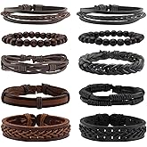 MILAKOO 10 Pcs Braided Leather Bracelet for Men Women Wooden Beaded Bracelets Wrap Adjustable
