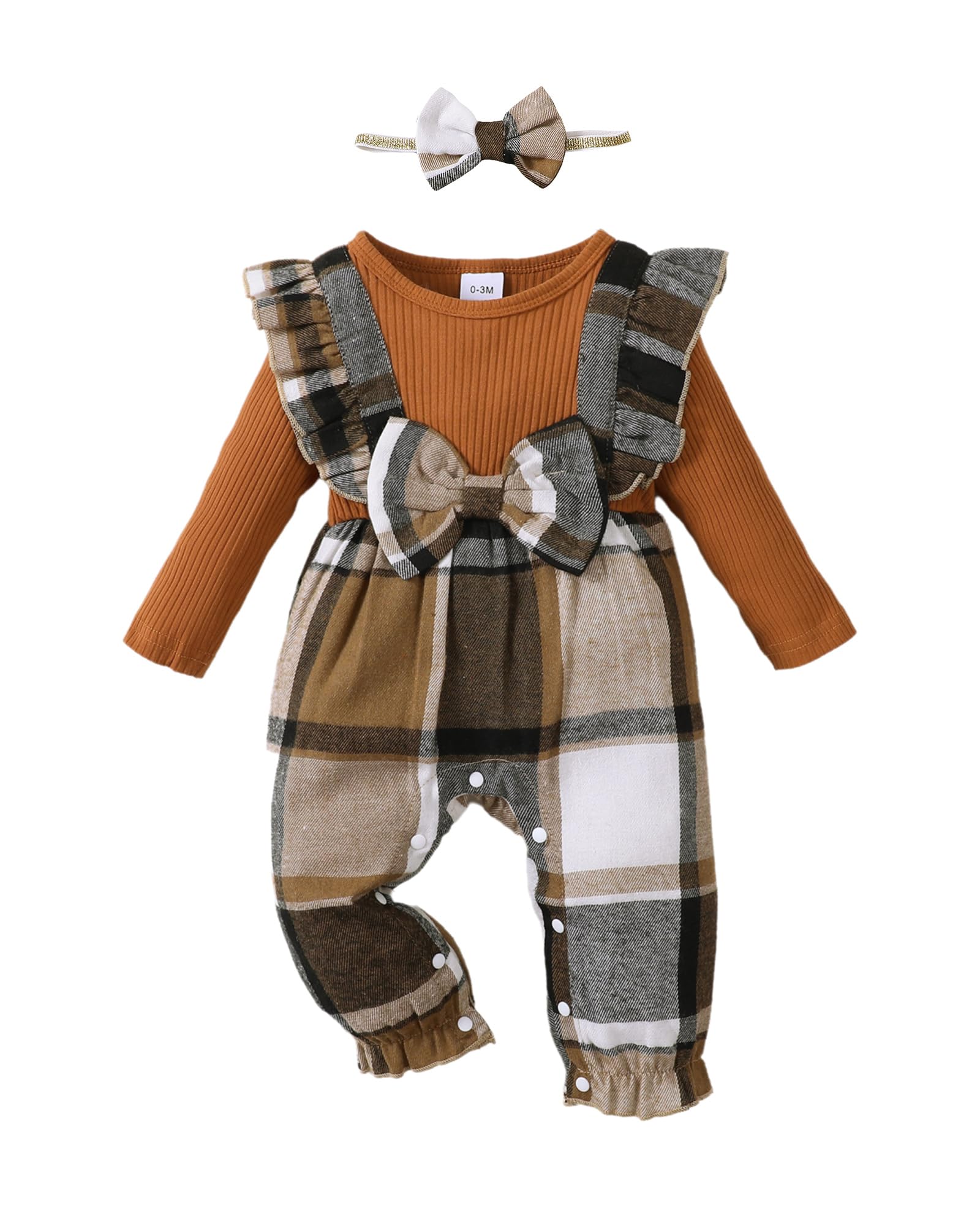 Photo 1 of 0-3 Months Newborn Baby Girl Clothes Fall Plaid Christmas Outfits Infant Brown Long Sleeve Jumpsuit One Piece Romper Infant Baby Girl Winter Clothes